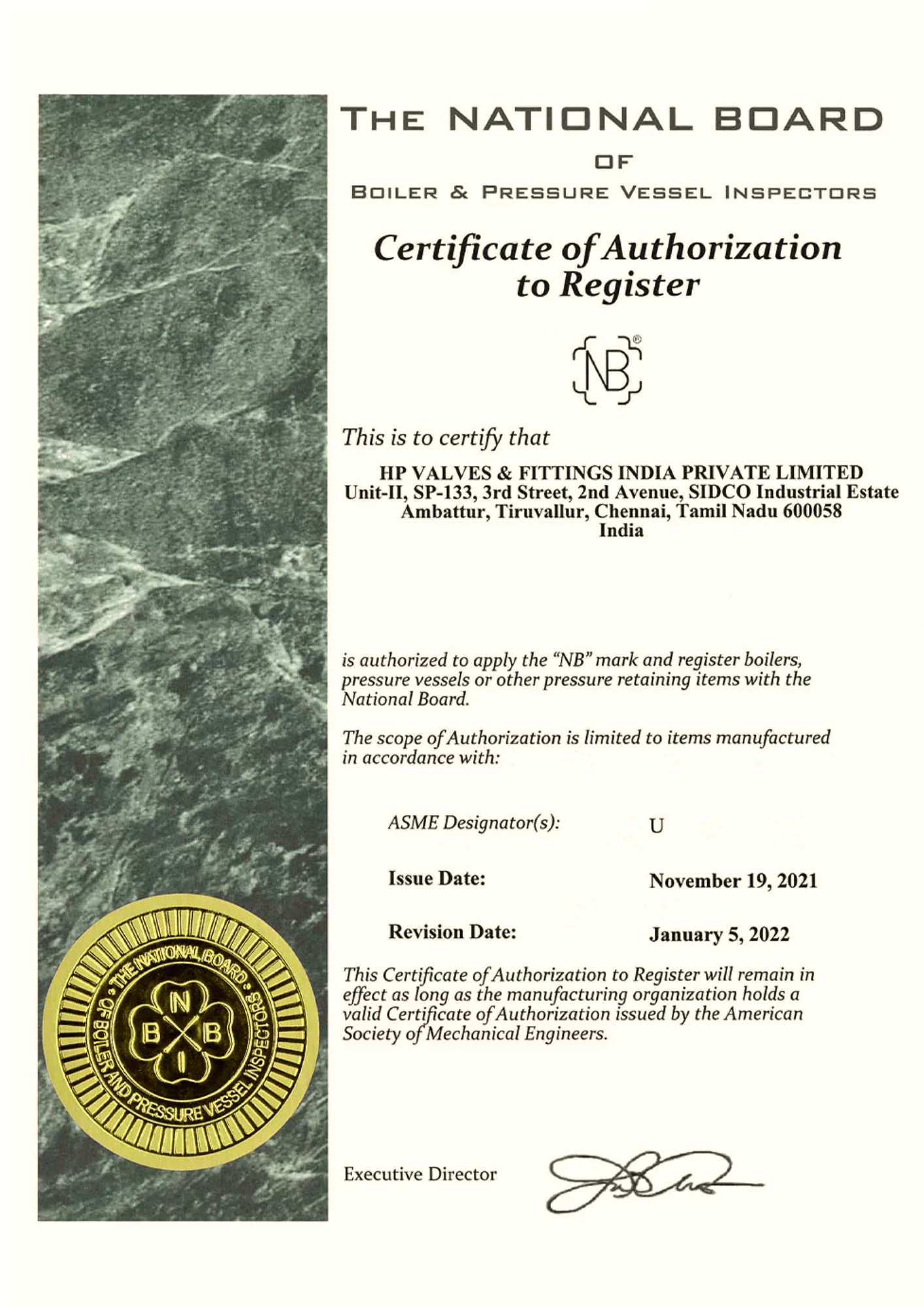 National Board 'NB' Stamp - ASME Certificate